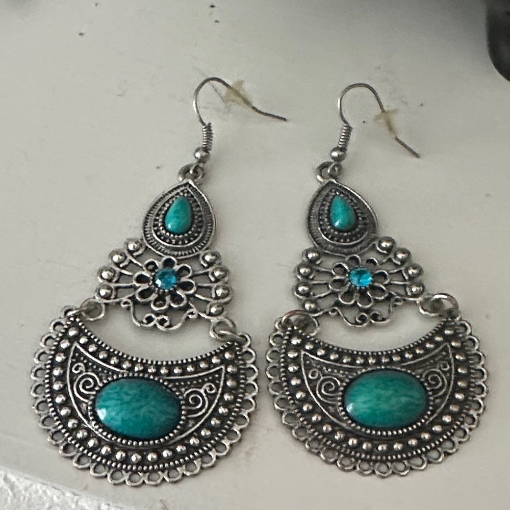 Silver and Teal Bohemian Earrings